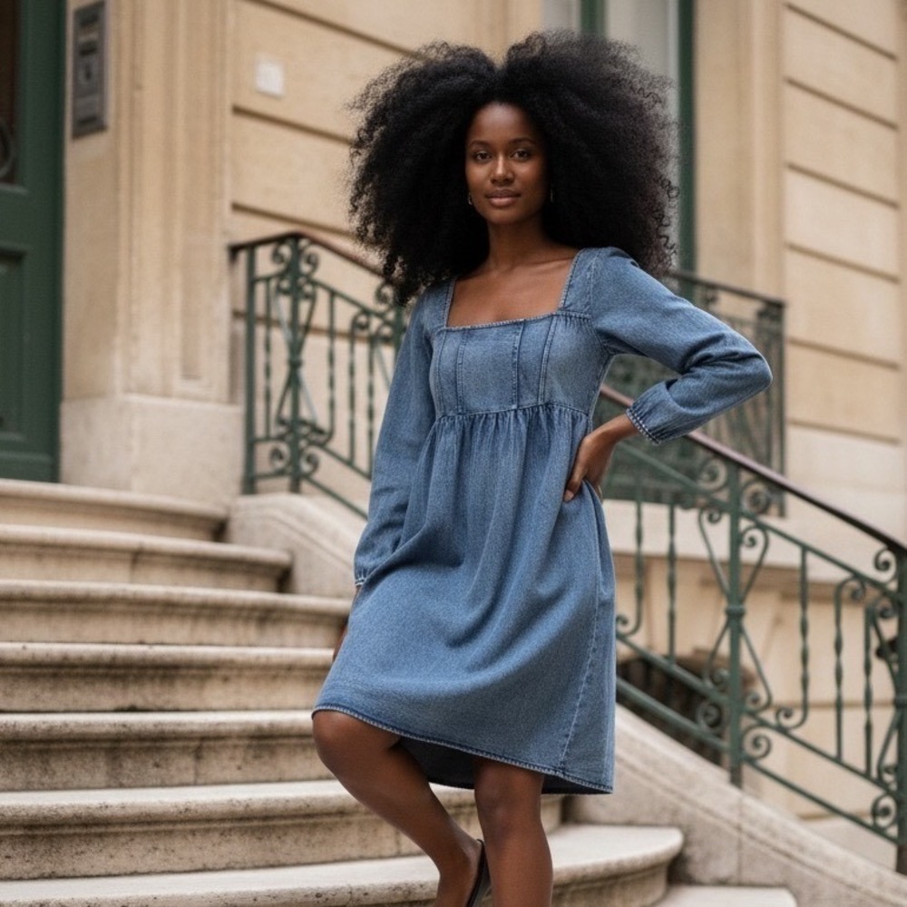 Pink Lily Blue Denim Mini Dress Long Balloon Sleeve Smocked Back Medium
